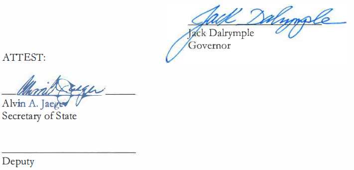 Signatures of Gov. Jack Dalrymple and Sec. of State Alvin Jaeger